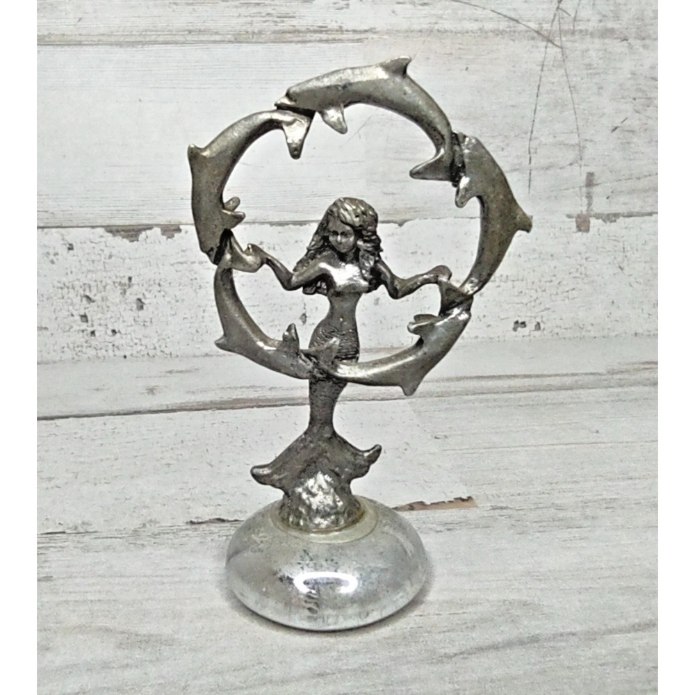 Vintage Pewter Mermaid w/ Ring of Dolphins Glass Base Figurine Fantasy Magical
